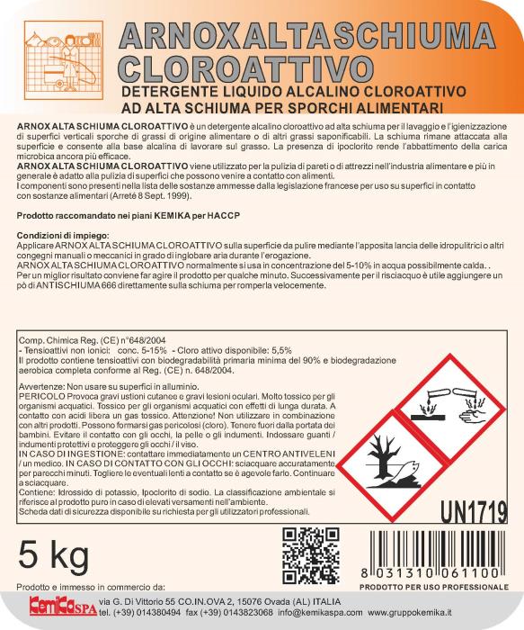 Detergente Arnox Alta Schiuma Cloroattivo Kg 5