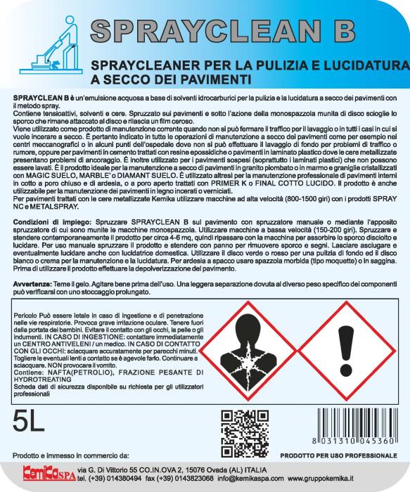 Sprayclean B per pulizia e lucidatura a secco lt 5