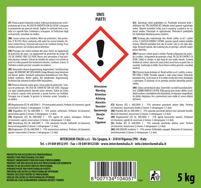 Detergente neutro Uni5 Piatti per lavaggio manuale LT 5